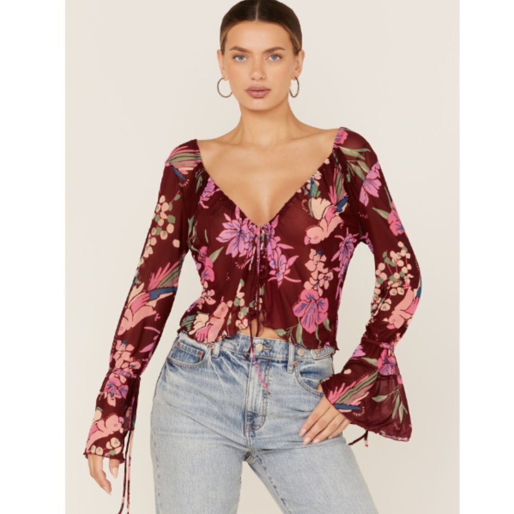 Free People Red Floral Piece Of Paradise Blouse Bell Sleeve Tie Front Crop Top S